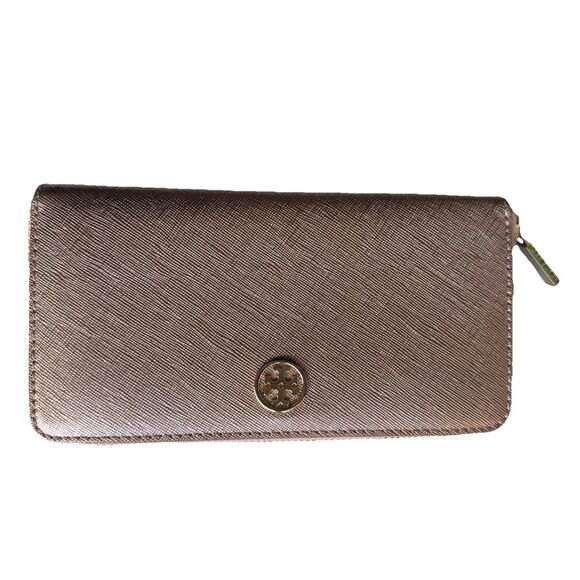 Tory Burch Robinson Continental Large Accordion Zip Wallet Rose Gold Shiny - Picture 1 of 14